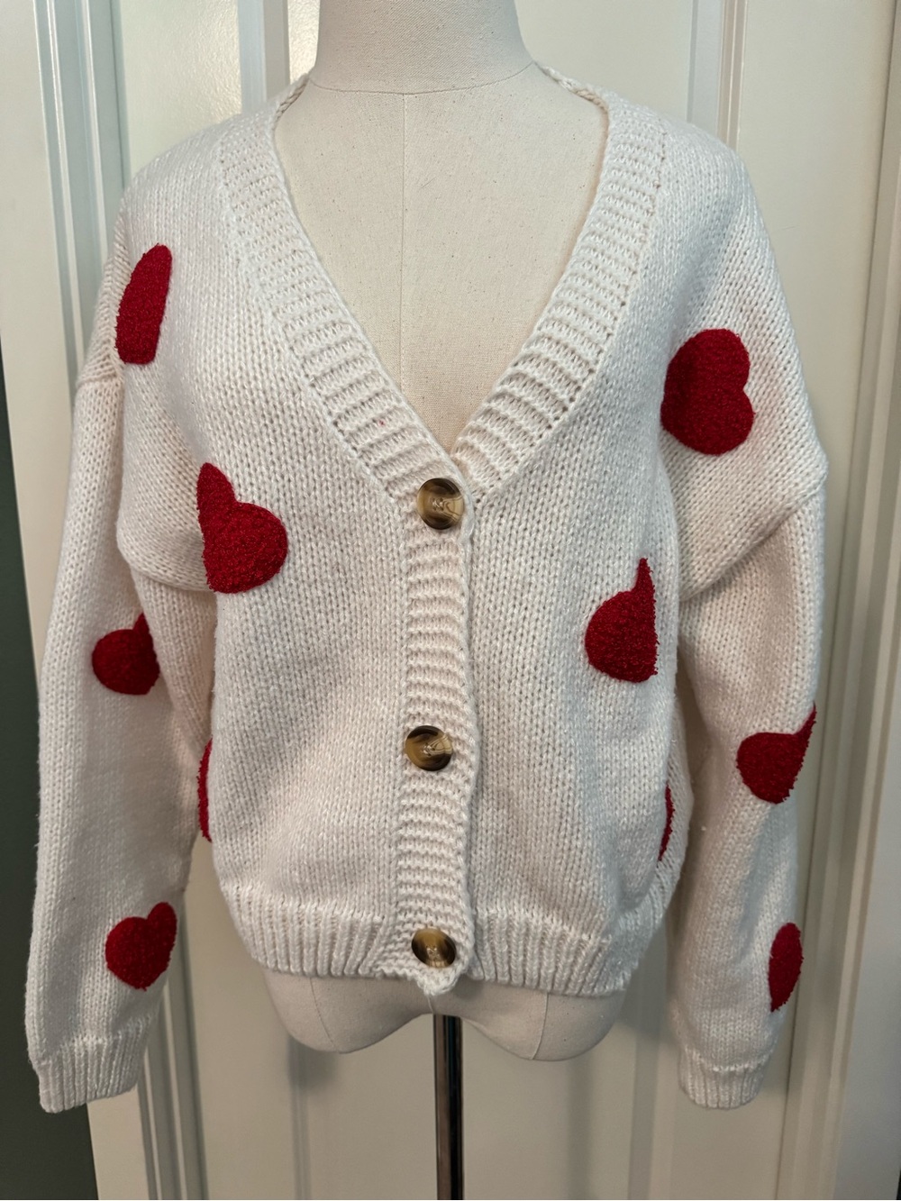 White Cardigan with Red Heart Accents - Charming V-Neck Sweater